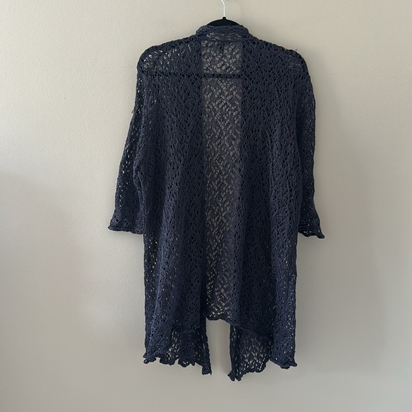 EILEEN FISHER 100% Wool Crochet Lace Open Front Cardigan Duster Navy Sz Large - Picture 2 of 5